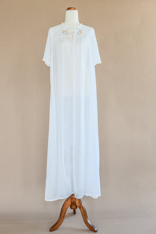 VINTAGE Antique Flower Embroidered Cotton Voile Maxi Nightgown S/M/L