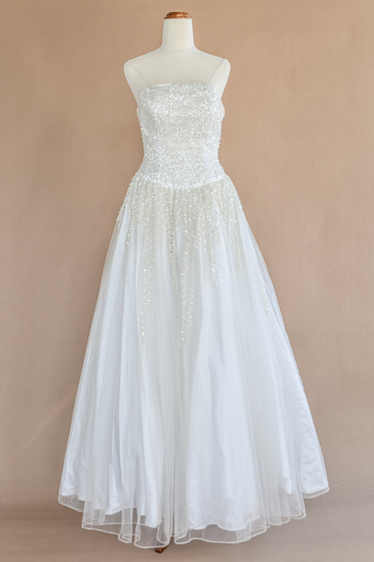 VINTAGE Beaded Netted Tulle Strapless Cupcake Wedding Dress S