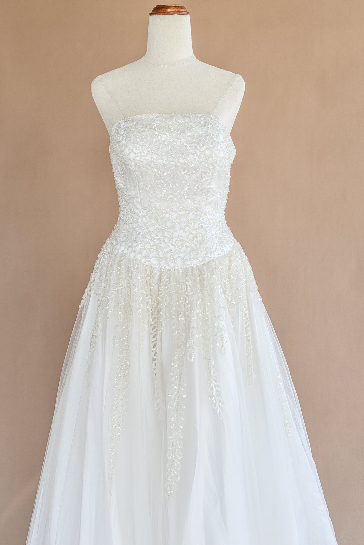 VINTAGE Beaded Netted Tulle Strapless Cupcake Wedding Dress S