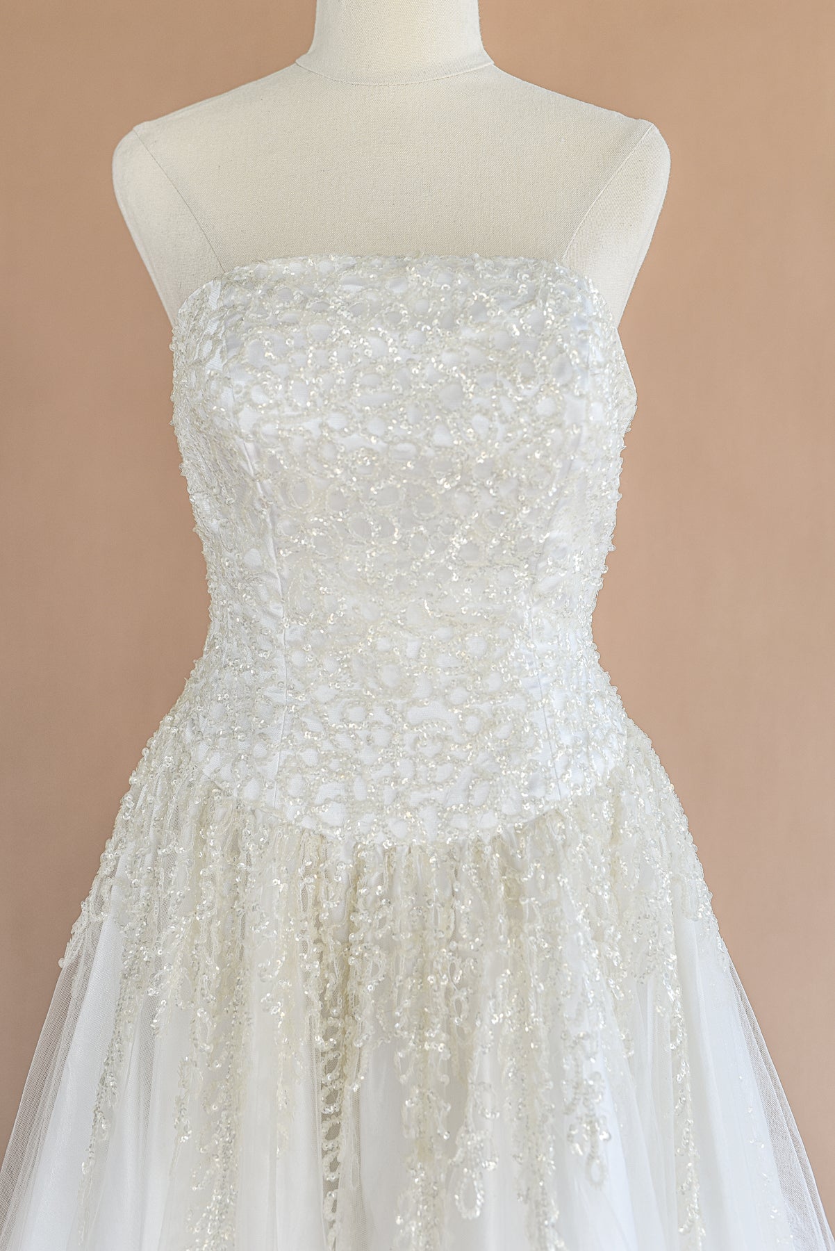 VINTAGE Beaded Netted Tulle Strapless Cupcake Wedding Dress S