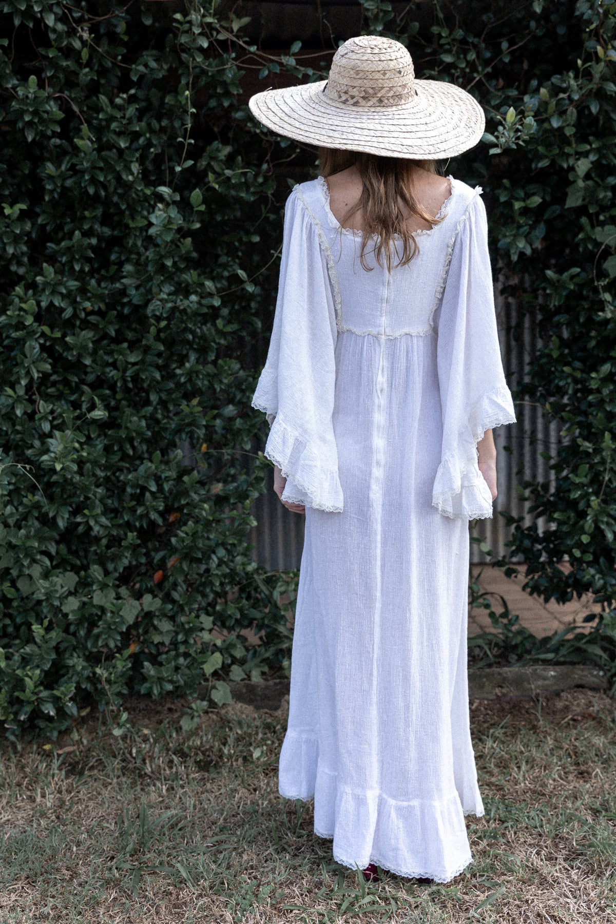 VINTAGE 1970's Ivory Cheesecloth Cotton Angel Sleeve Maxi Dress S