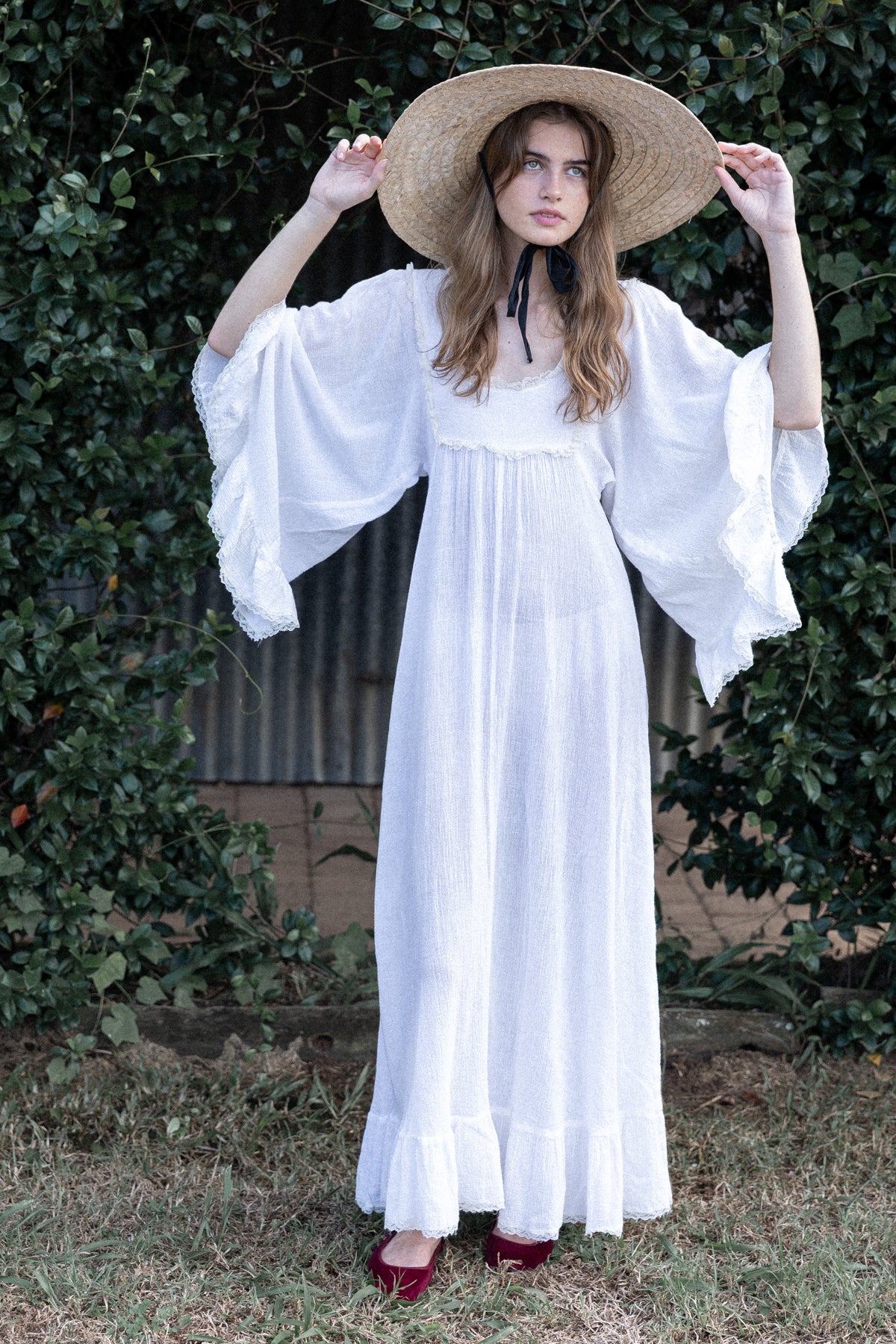 VINTAGE 1970's Ivory Cheesecloth Cotton Angel Sleeve Maxi Dress S