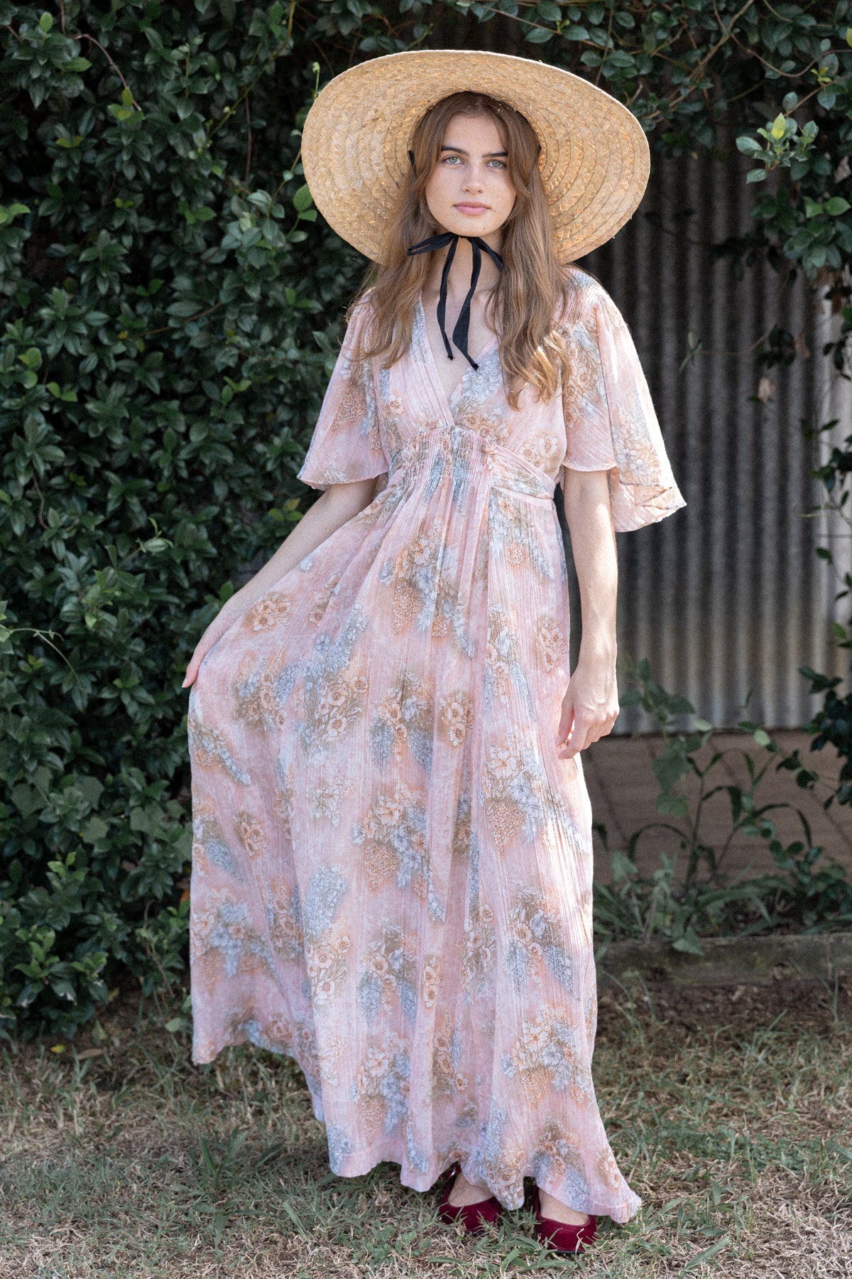 VINTAGE 1970's Pink Floral Flutter Sleeve Cotton Prairie Dress S
