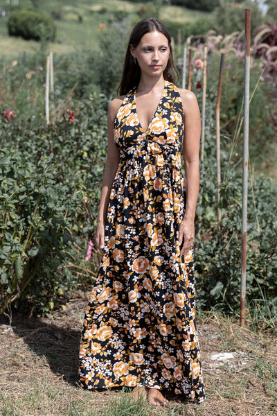 VINTAGE 1970's Black And Orange Floral Low Back Halter Maxi Dress S/M