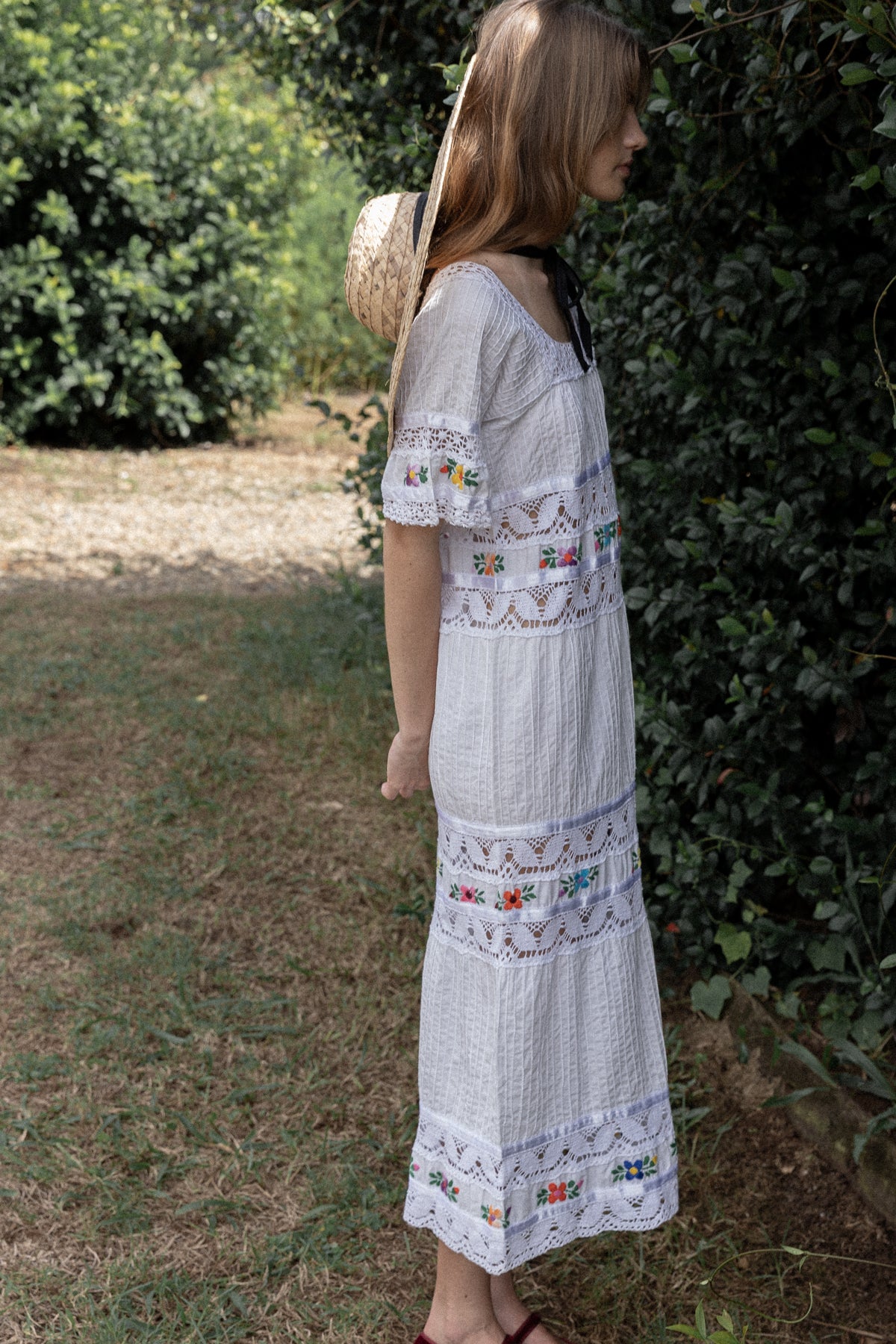 VINTAGE 1970's Cotton Embroidered Mexican Pintuck Dress S/M