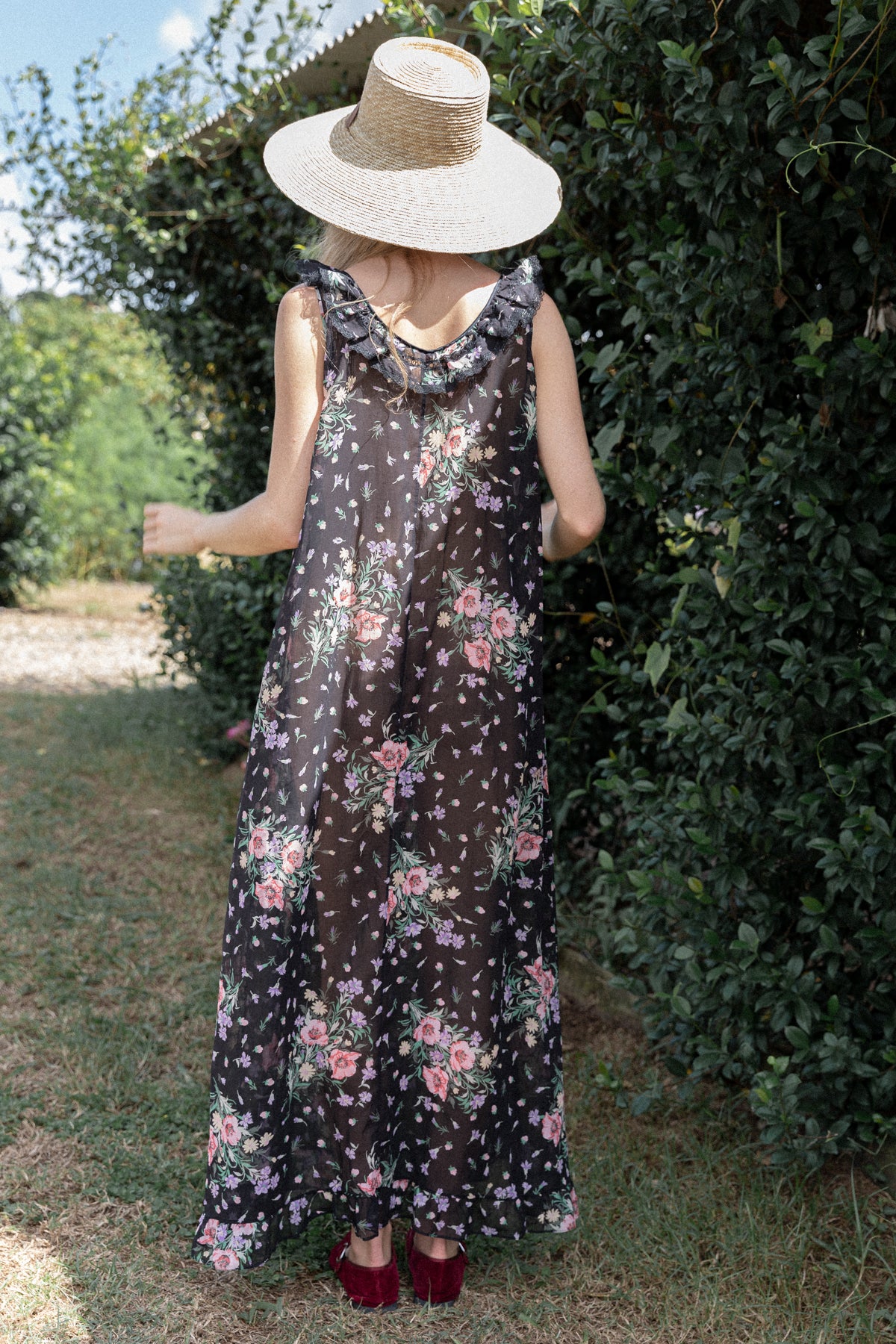 VINTAGE 1970's Black Floral Cotton Voile Maxi Dress S/M/L