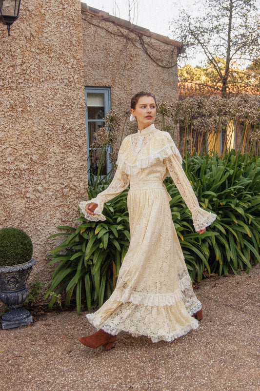 VINTAGE 1970's Victorian Lace High Neck Maxi Gown Dress M/L