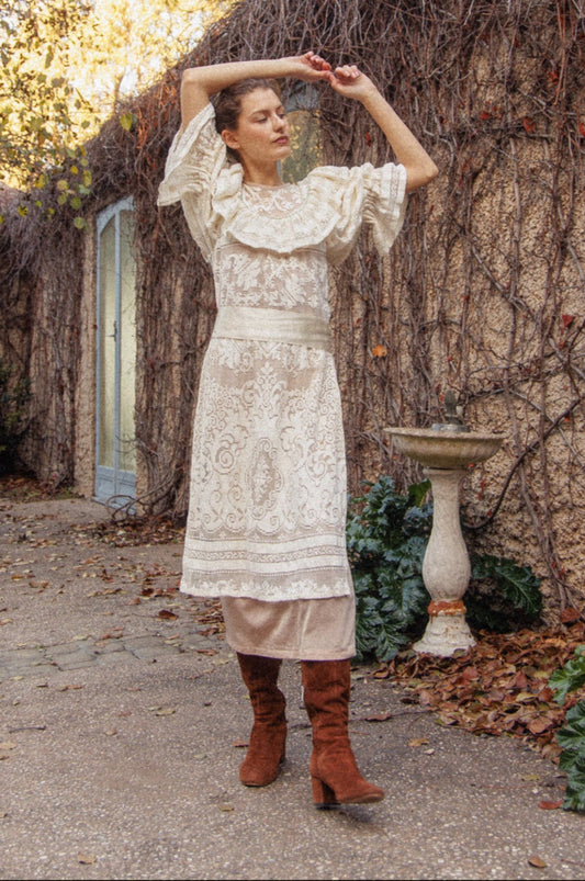 VINTAGE 1970's Handmade Lace Pouf Sleeve Apron Dress S/M
