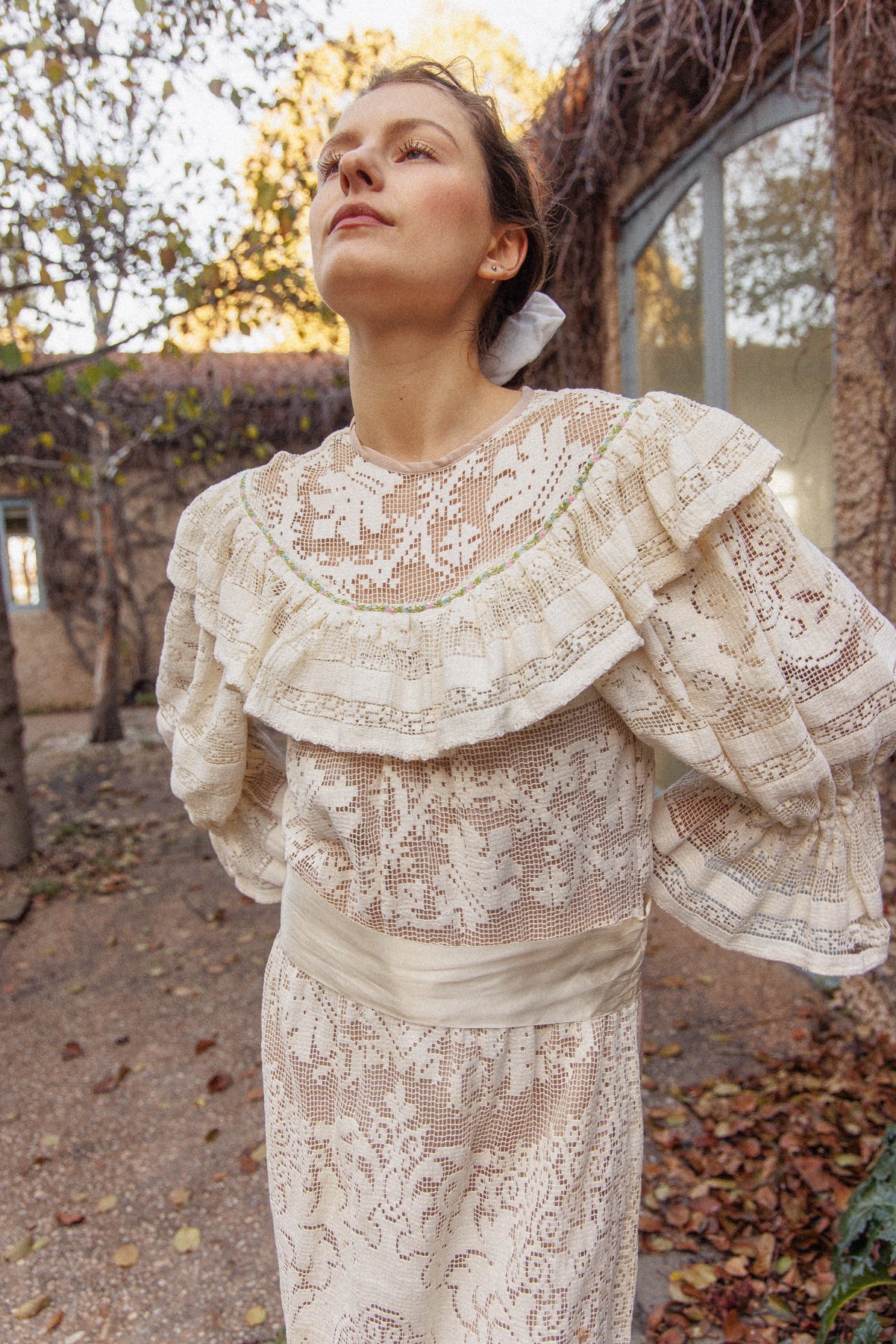 VINTAGE 1970's Handmade Lace Pouf Sleeve Apron Dress S/M