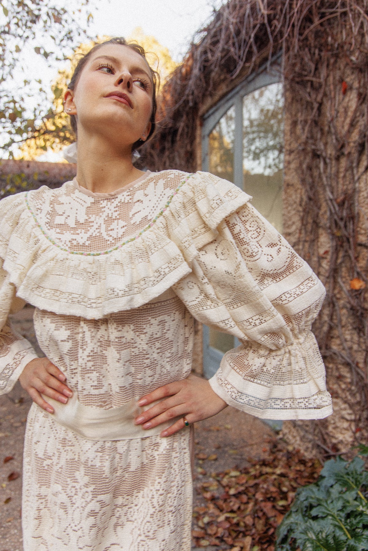 VINTAGE 1970's Handmade Lace Pouf Sleeve Apron Dress S/M