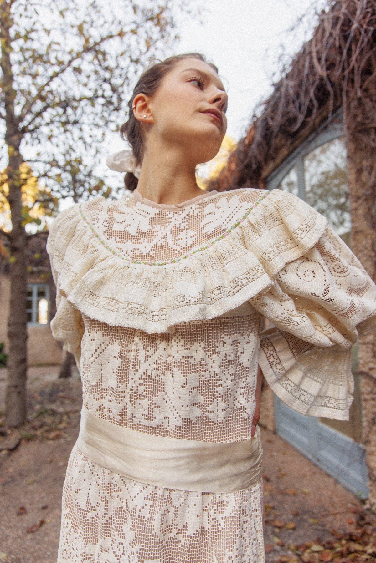 VINTAGE 1970's Handmade Lace Pouf Sleeve Apron Dress S/M
