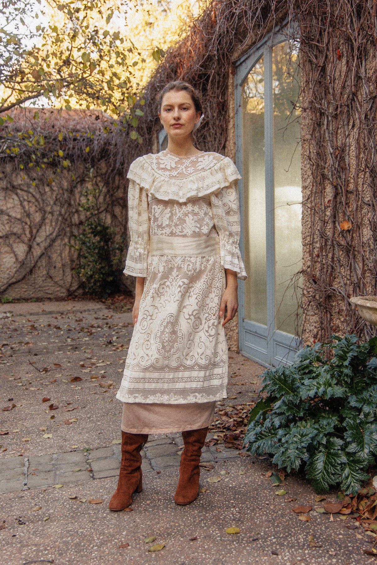 VINTAGE 1970's Handmade Lace Pouf Sleeve Apron Dress S/M