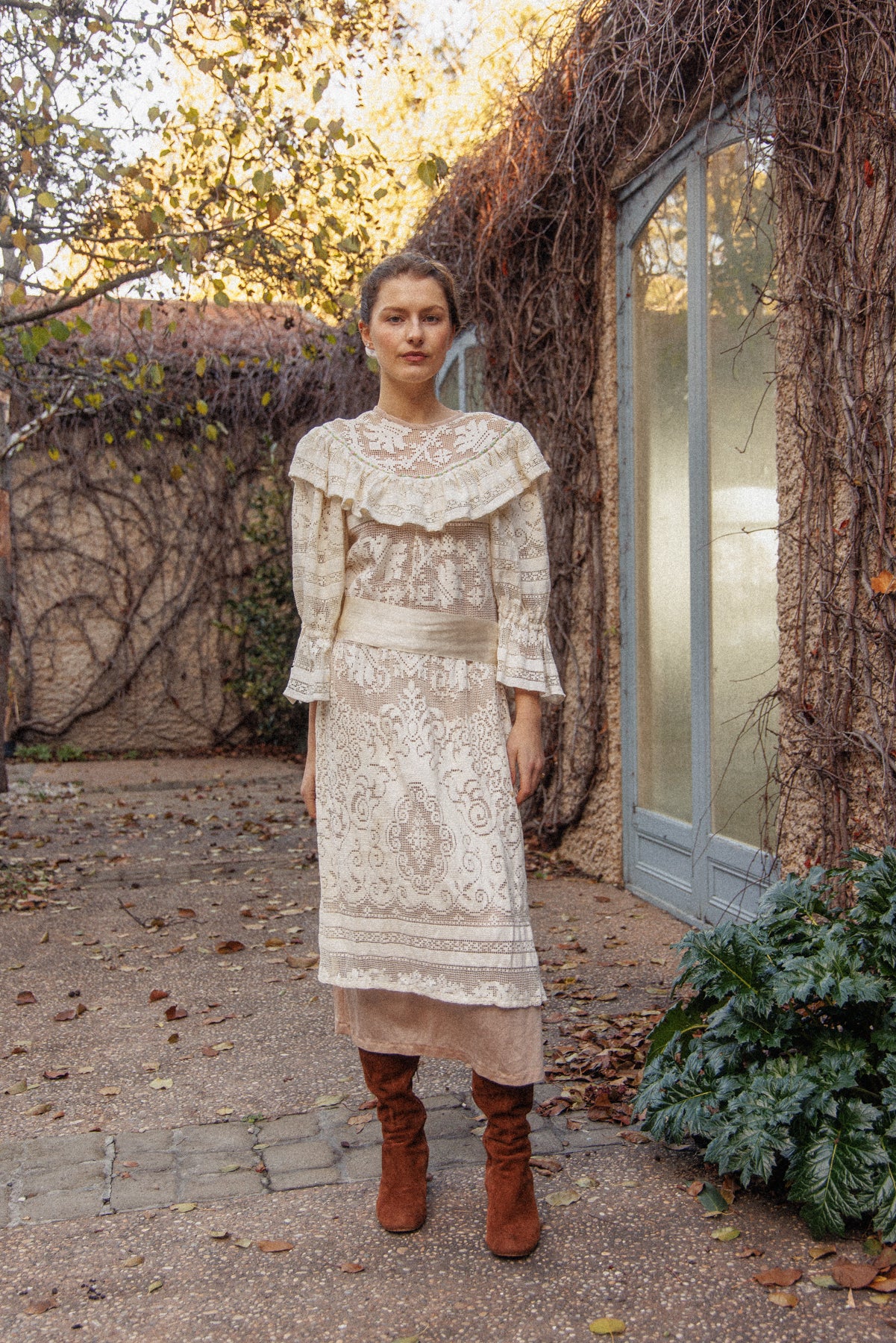 VINTAGE 1970's Handmade Lace Pouf Sleeve Apron Dress S/M