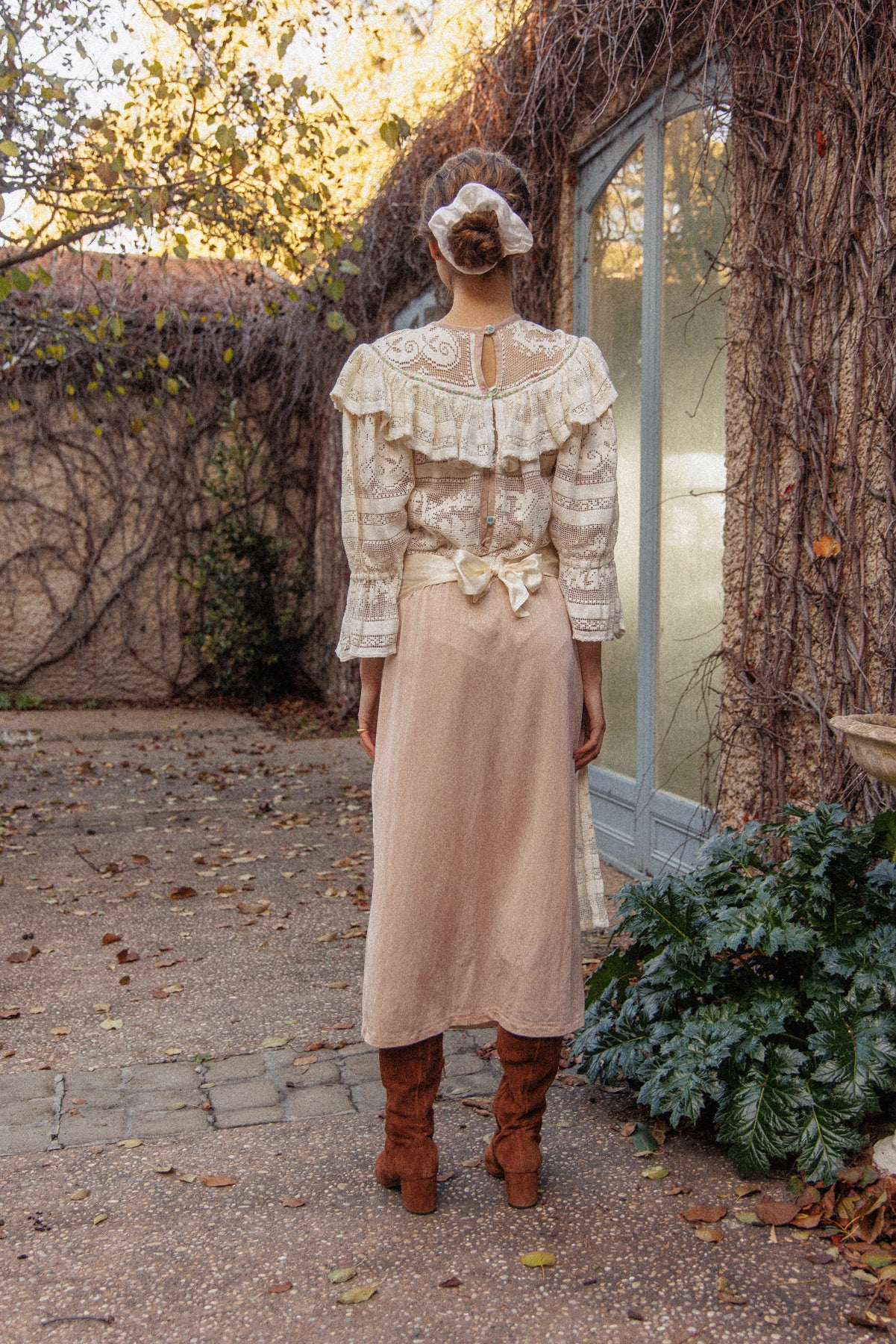 VINTAGE 1970's Handmade Lace Pouf Sleeve Apron Dress S/M