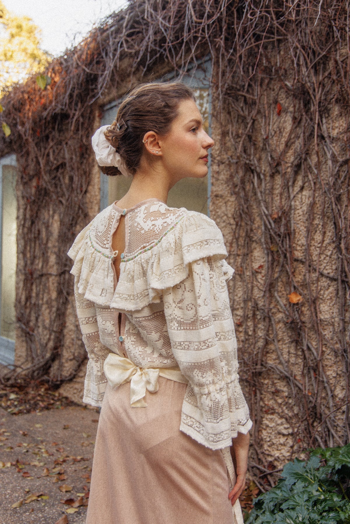 VINTAGE 1970's Handmade Lace Pouf Sleeve Apron Dress S/M