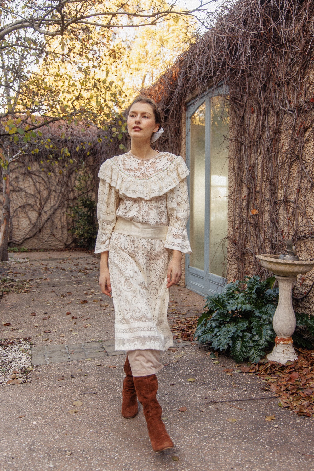 VINTAGE 1970's Handmade Lace Pouf Sleeve Apron Dress S/M