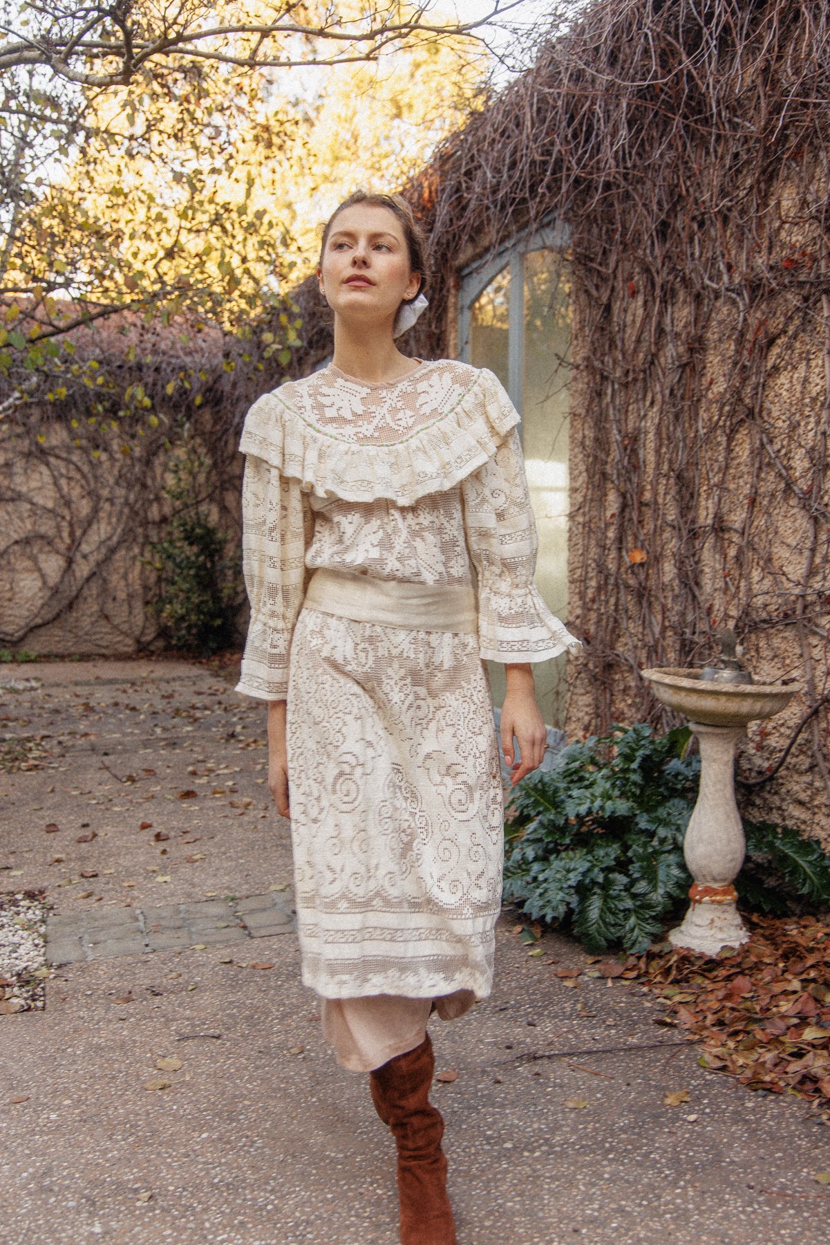 VINTAGE 1970's Handmade Lace Pouf Sleeve Apron Dress S/M