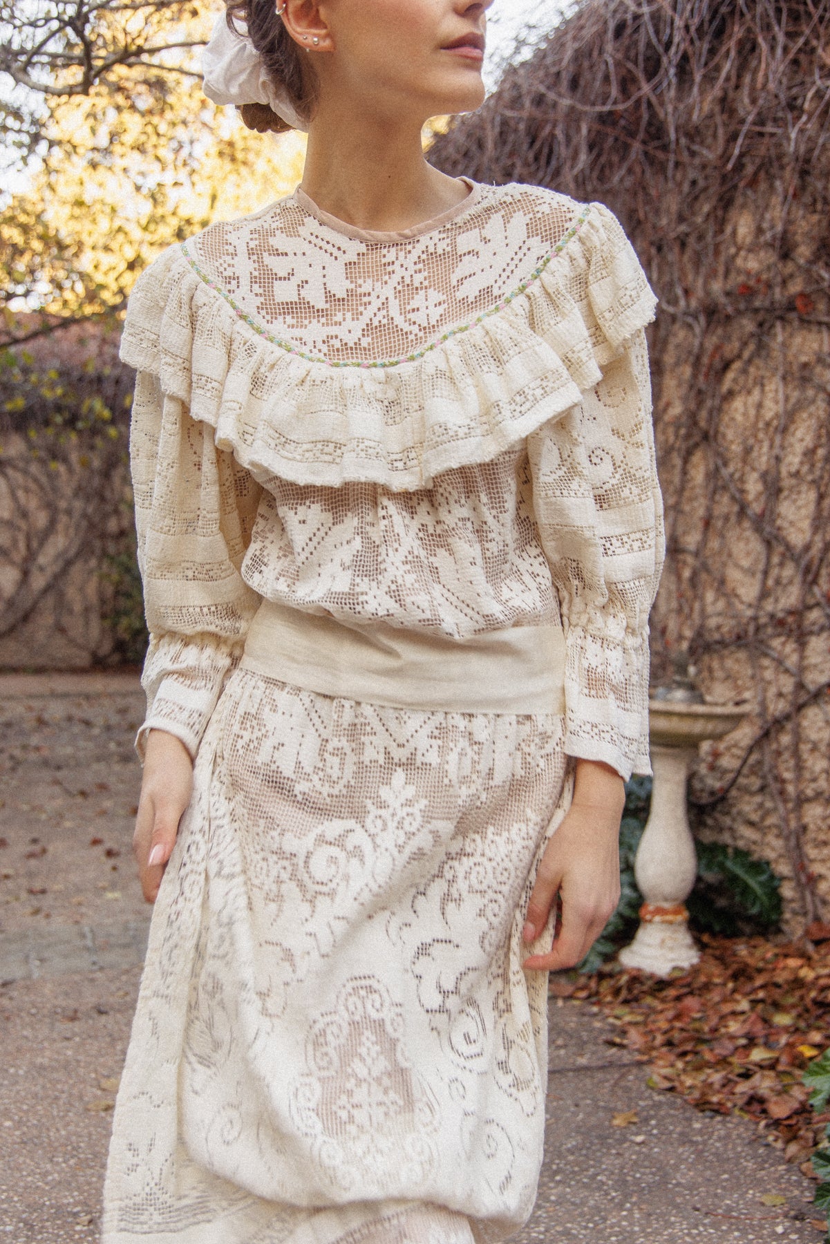 VINTAGE 1970's Handmade Lace Pouf Sleeve Apron Dress S/M