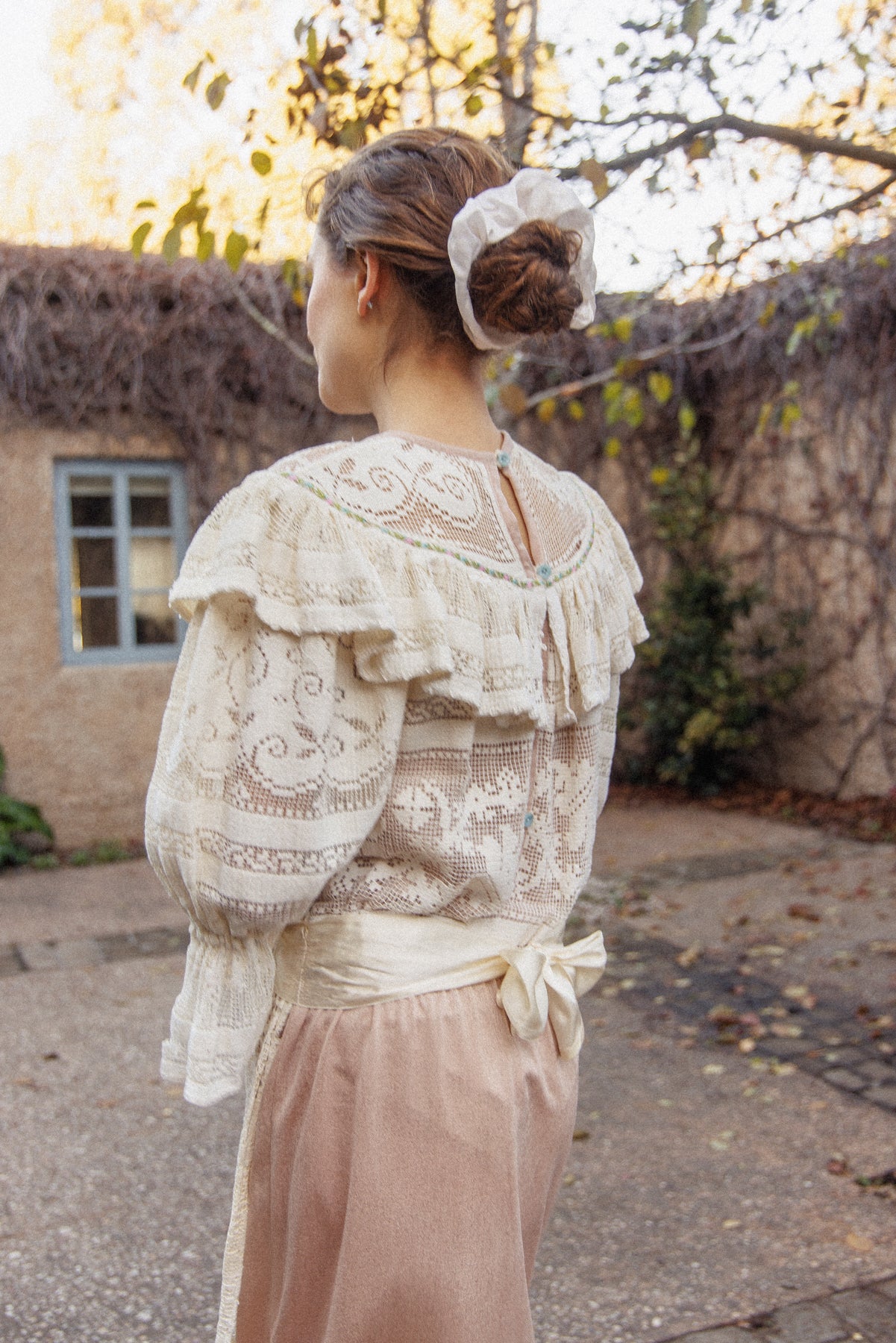 VINTAGE 1970's Handmade Lace Pouf Sleeve Apron Dress S/M