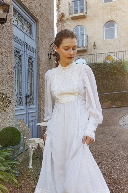 VINTAGE 1960's White Cotton Voile Billow Sleeve Midi Prairie Dress S