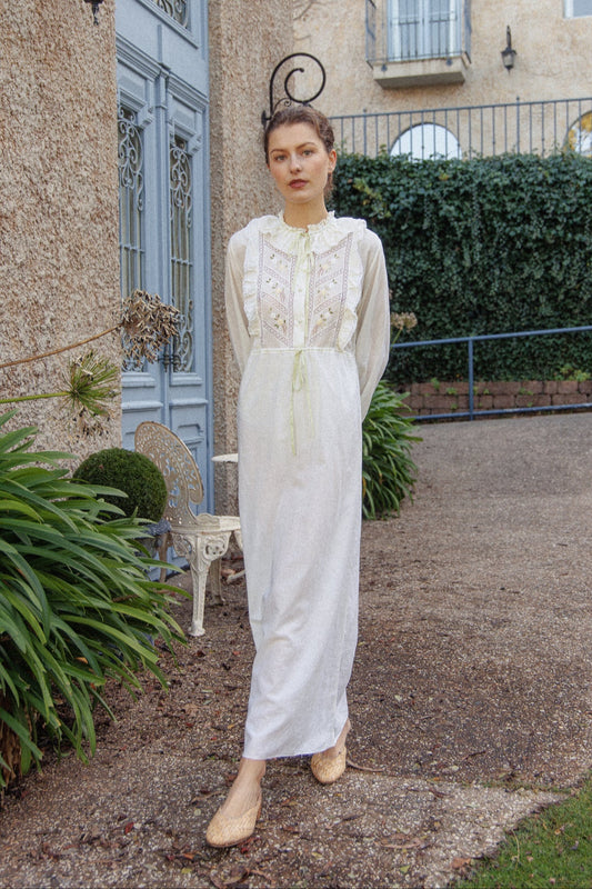 VINTAGE 1960's Pale Yellow Cotton Flower Embroidered Maxi Dress S/M