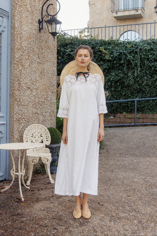 VINTAGE 1900's Edwardian Crochet Lace Cotton Maxi Nightgown Dress Size M