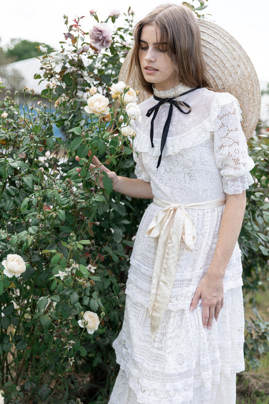 VINTAGE 1970's High Neck Tiered Lace Dress S