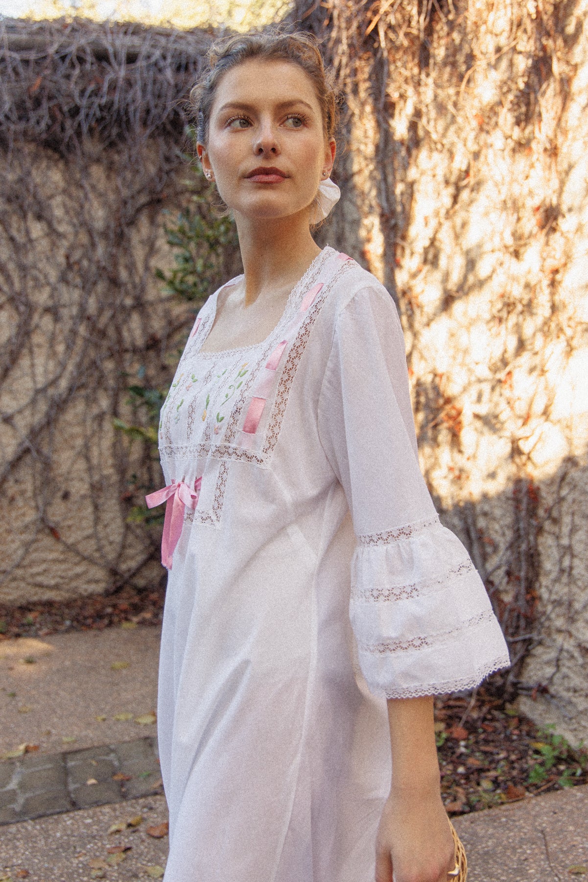 VINTAGE 1960's Pink Ribbon Cotton Trumpet Sleeve Flower Embroidered Maxi Dress S/M/L