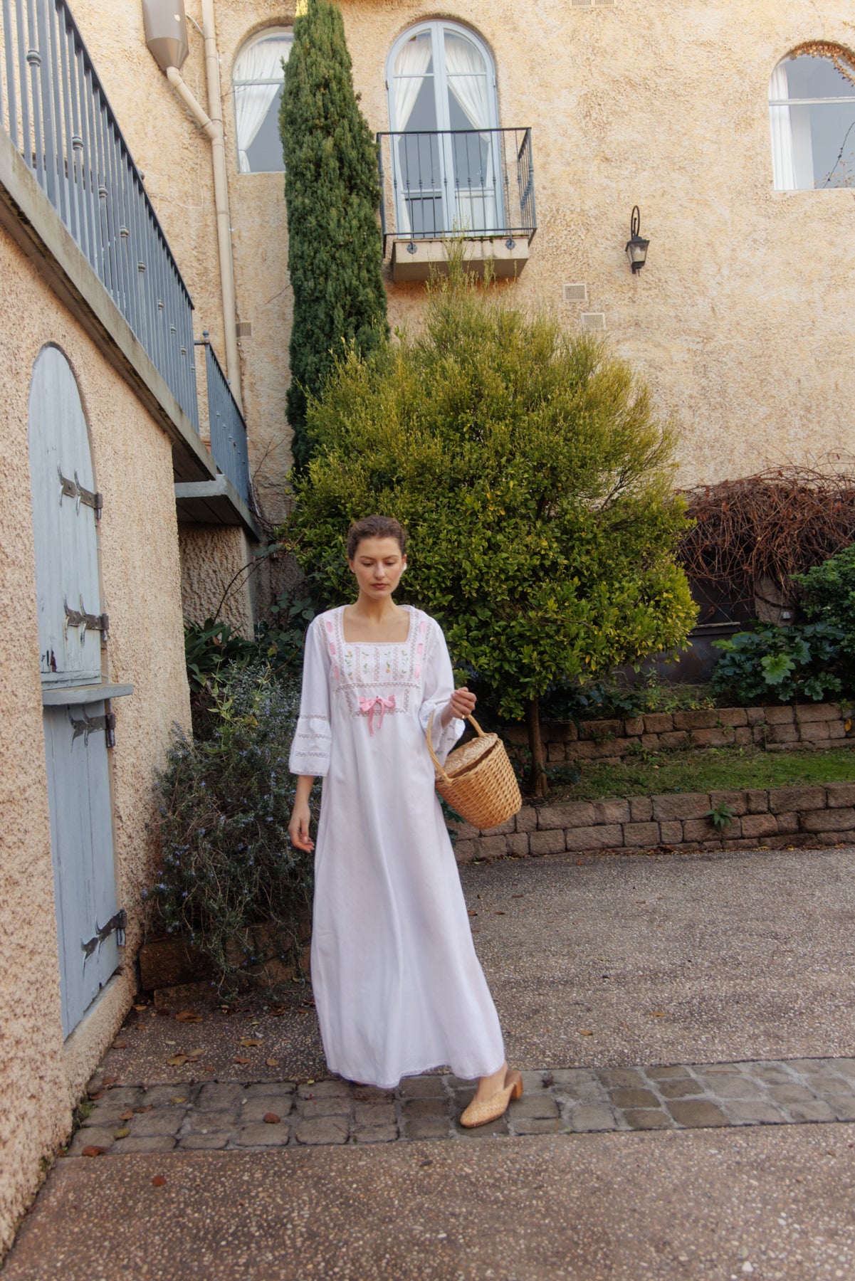 VINTAGE 1960's Pink Ribbon Cotton Trumpet Sleeve Flower Embroidered Maxi Dress S/M/L