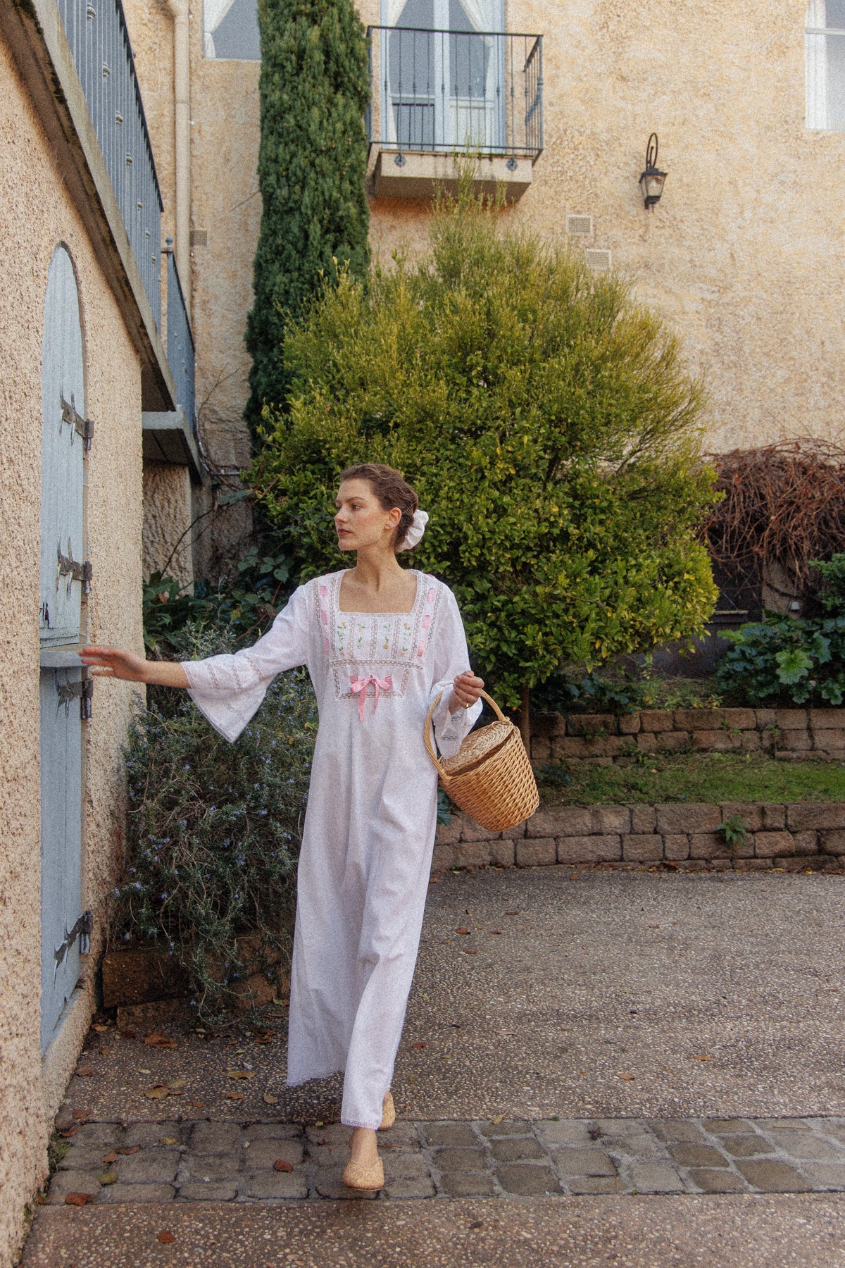 VINTAGE 1960's Pink Ribbon Cotton Trumpet Sleeve Flower Embroidered Maxi Dress S/M/L