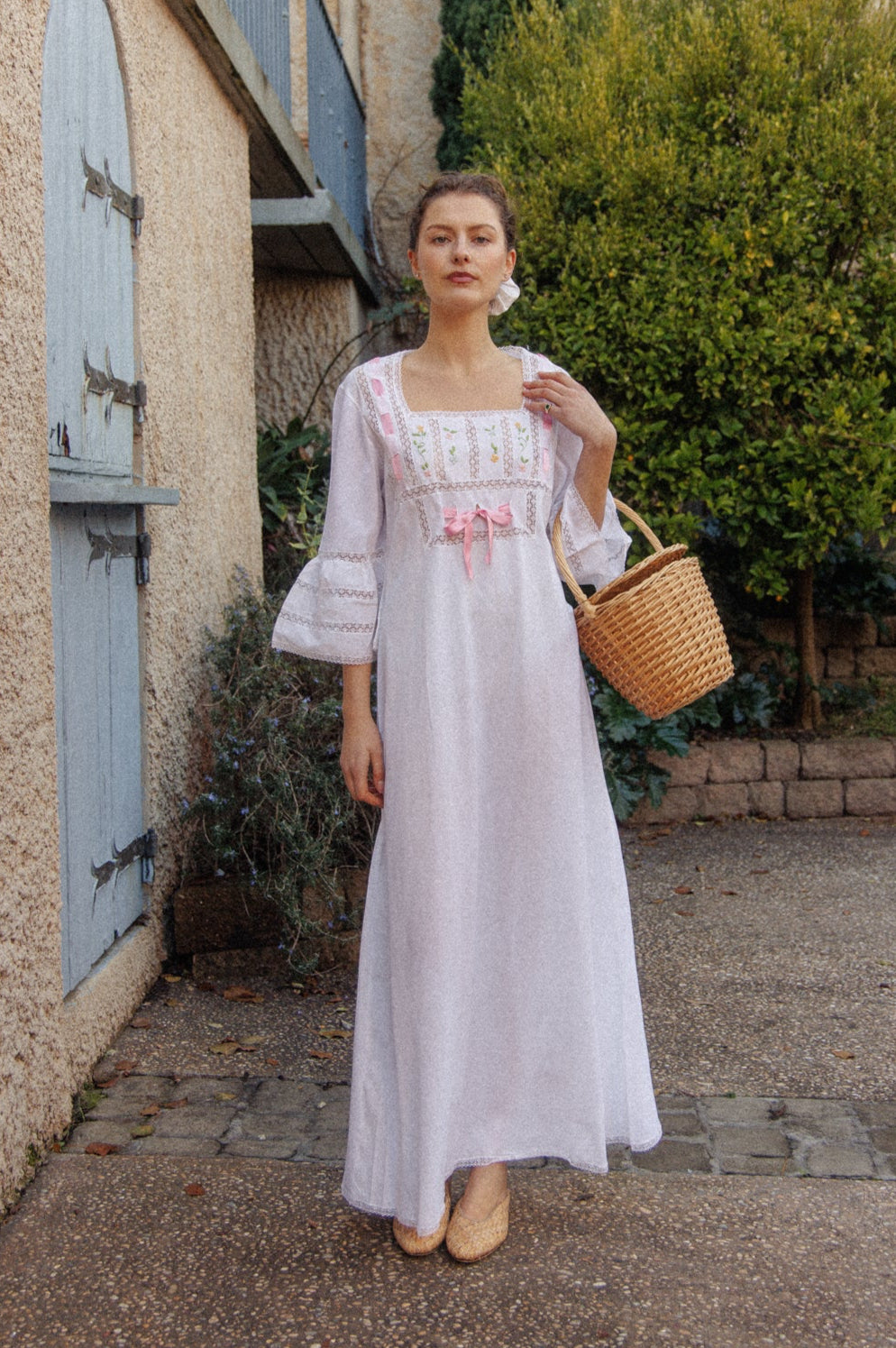 VINTAGE 1960's Pink Ribbon Cotton Trumpet Sleeve Flower Embroidered Maxi Dress S/M/L
