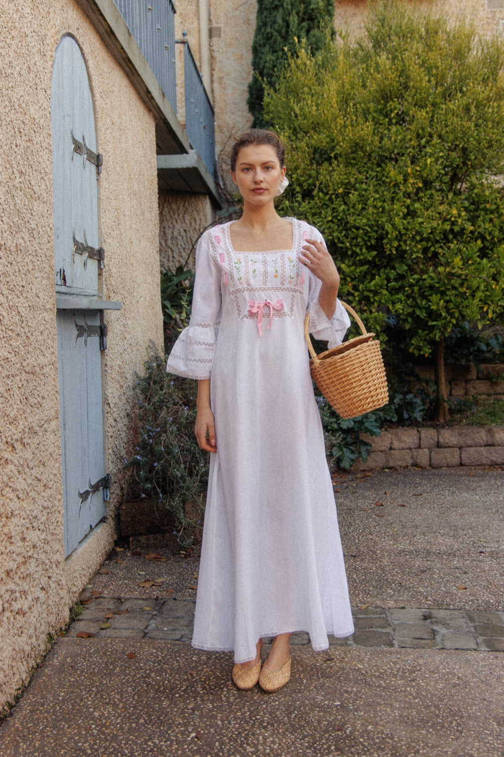 VINTAGE 1960's Pink Ribbon Cotton Trumpet Sleeve Flower Embroidered Maxi Dress S/M/L