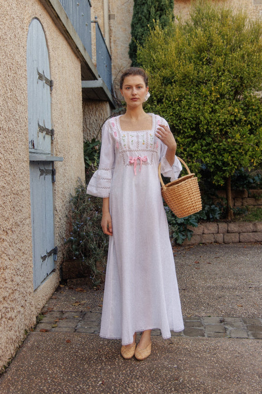 VINTAGE 1960's Pink Ribbon Cotton Trumpet Sleeve Flower Embroidered Maxi Dress S/M/L