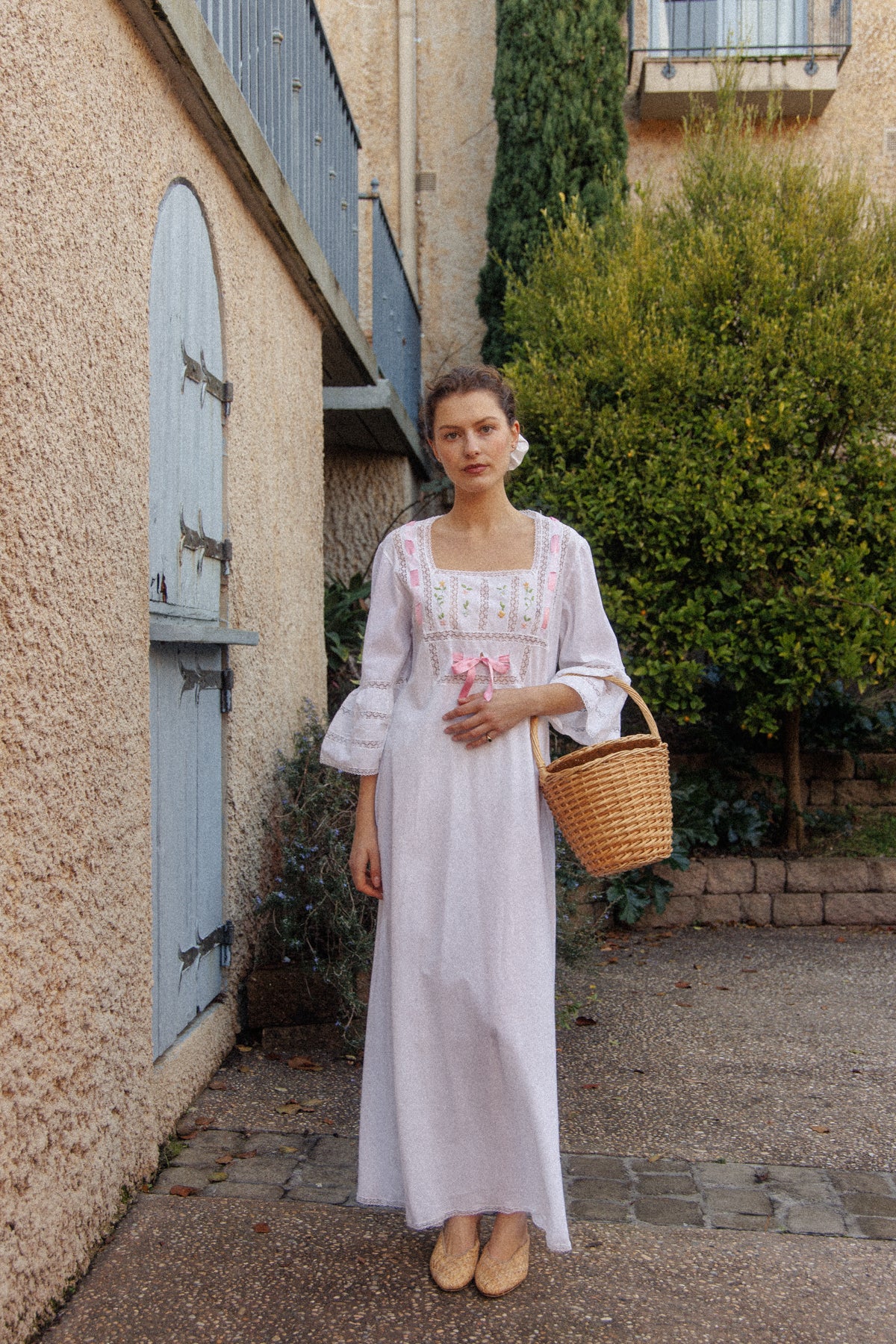 VINTAGE 1960's Pink Ribbon Cotton Trumpet Sleeve Flower Embroidered Maxi Dress S/M/L