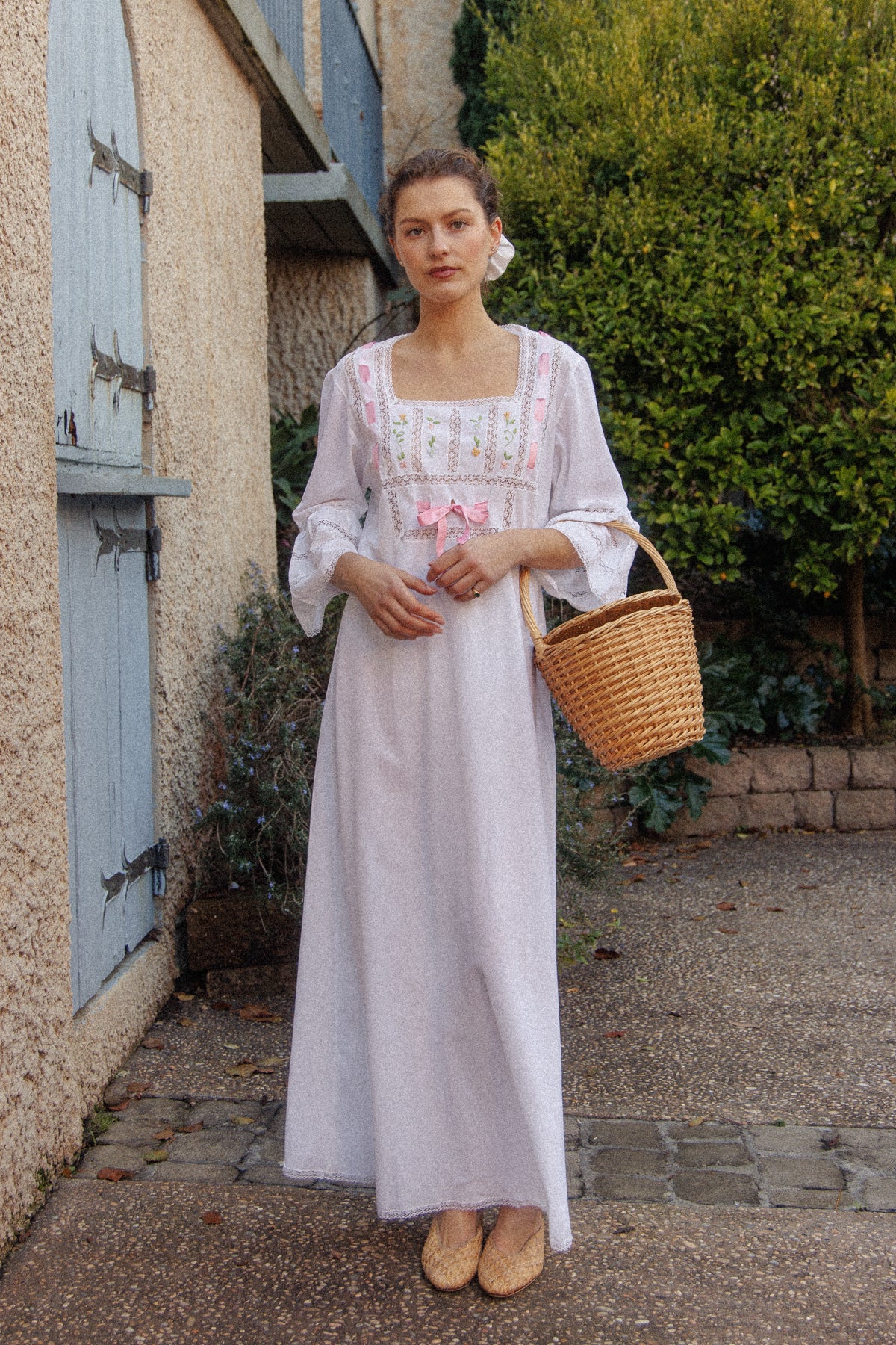 VINTAGE 1960's Pink Ribbon Cotton Trumpet Sleeve Flower Embroidered Maxi Dress S/M/L