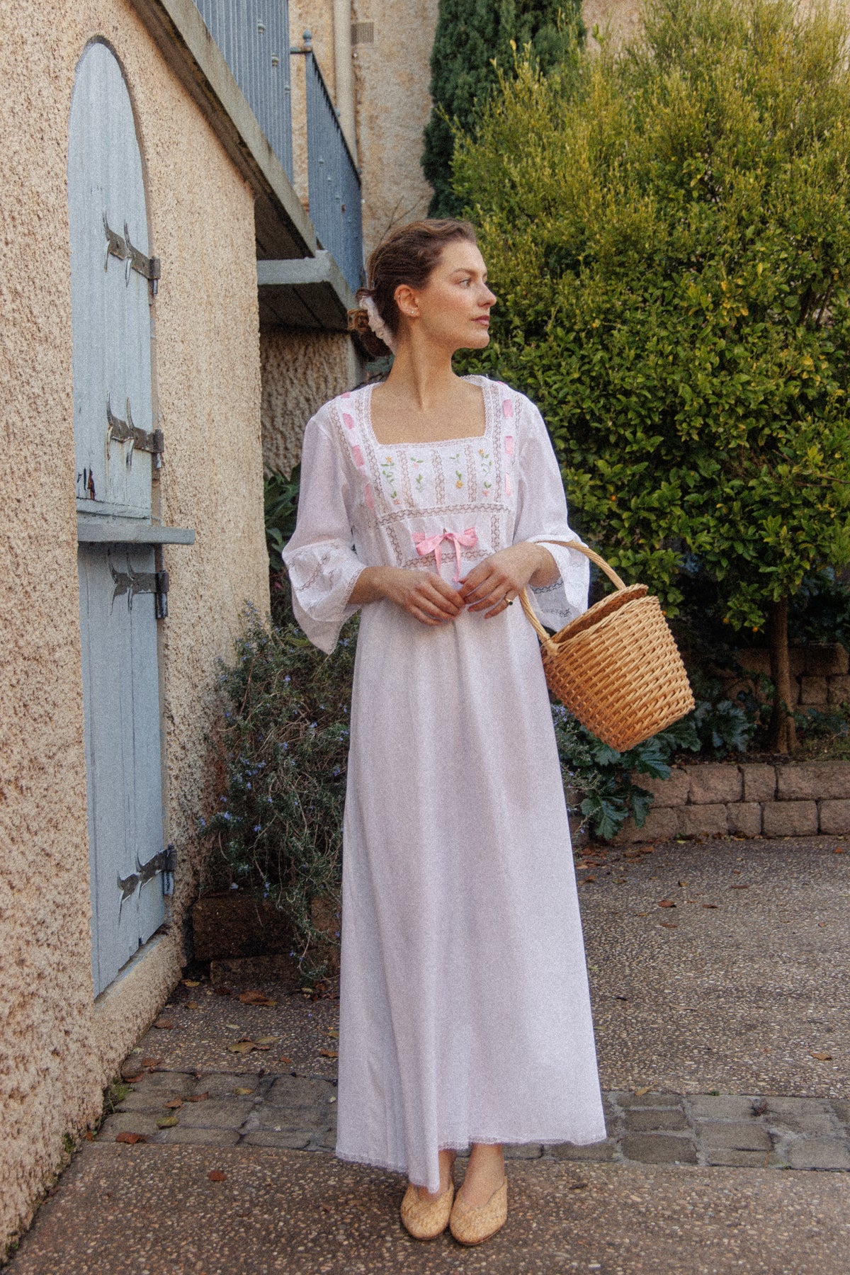 VINTAGE 1960's Pink Ribbon Cotton Trumpet Sleeve Flower Embroidered Maxi Dress S/M/L