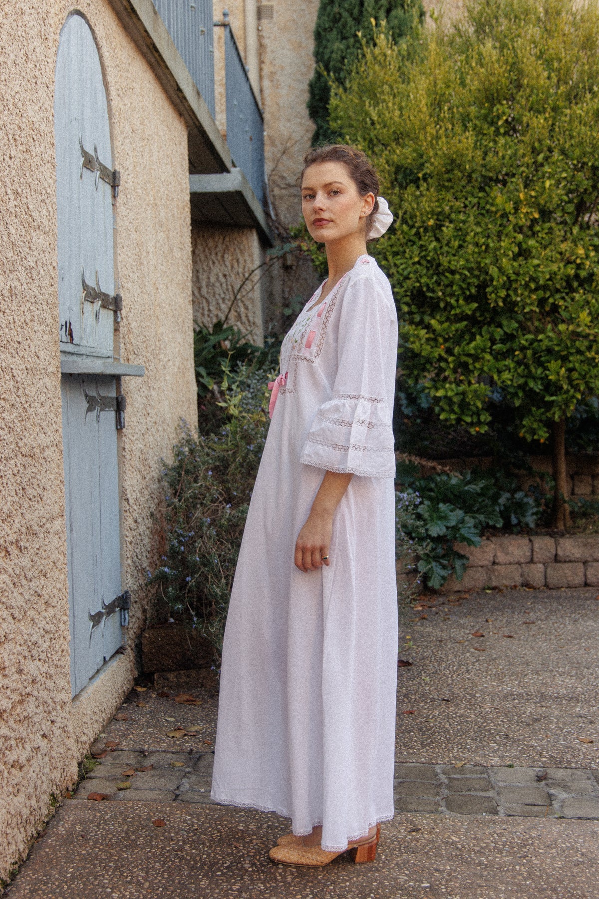 VINTAGE 1960's Pink Ribbon Cotton Trumpet Sleeve Flower Embroidered Maxi Dress S/M/L