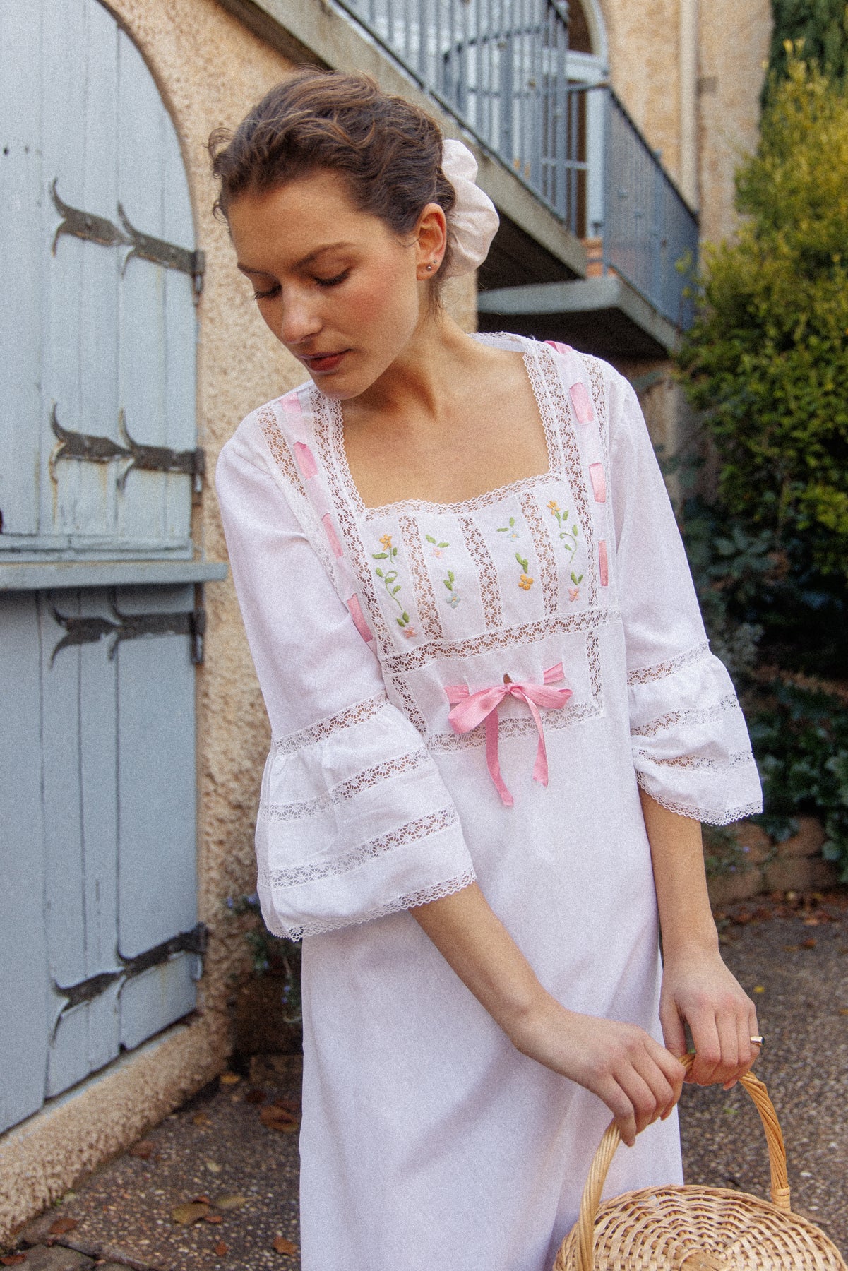 VINTAGE 1960's Pink Ribbon Cotton Trumpet Sleeve Flower Embroidered Maxi Dress S/M/L