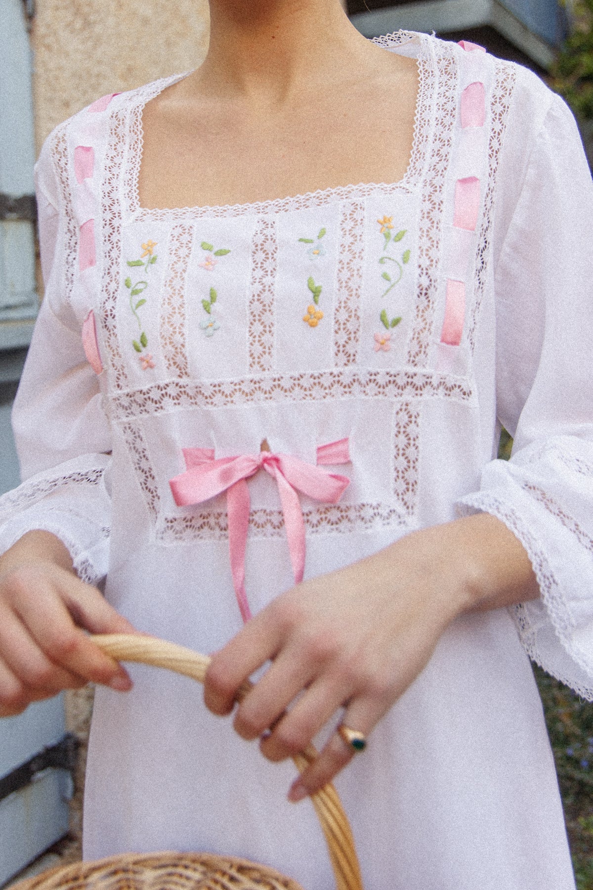VINTAGE 1960's Pink Ribbon Cotton Trumpet Sleeve Flower Embroidered Maxi Dress S/M/L