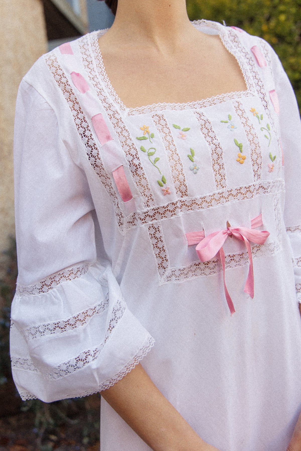 VINTAGE 1960's Pink Ribbon Cotton Trumpet Sleeve Flower Embroidered Maxi Dress S/M/L