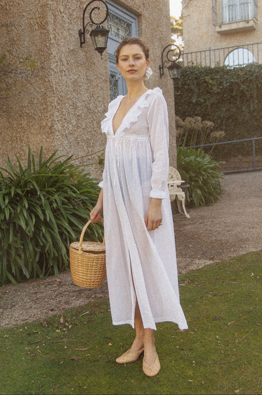 VINTAGE Cotton Voile Ruffled Peignoir Robe/ Dress S/M