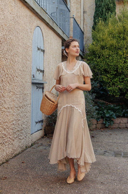 VINTAGE Flowy Chiffon Beige Drop Waist Dress S