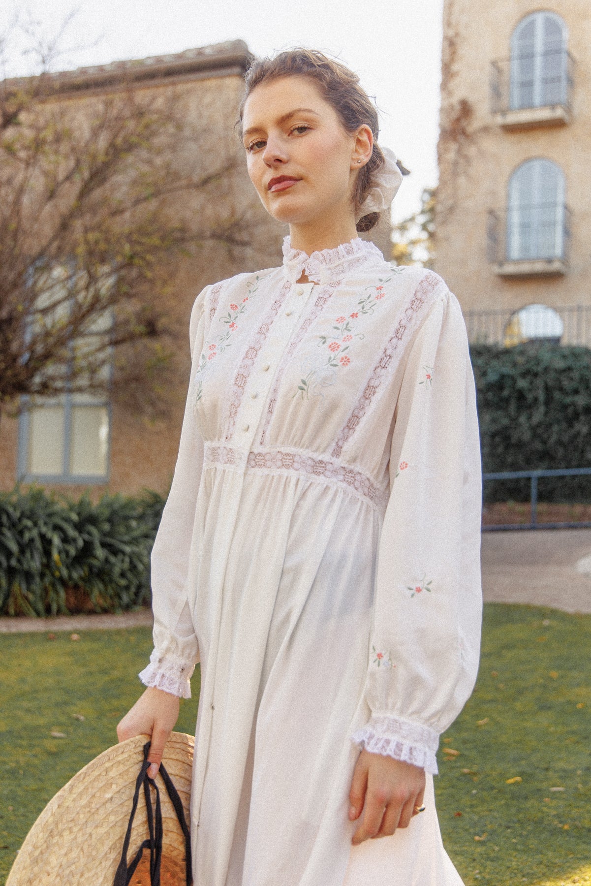 VINTAGE 1940's White Button Down Satin Nightgown Maxi Dress/Robe With Flower Embroidery S/M