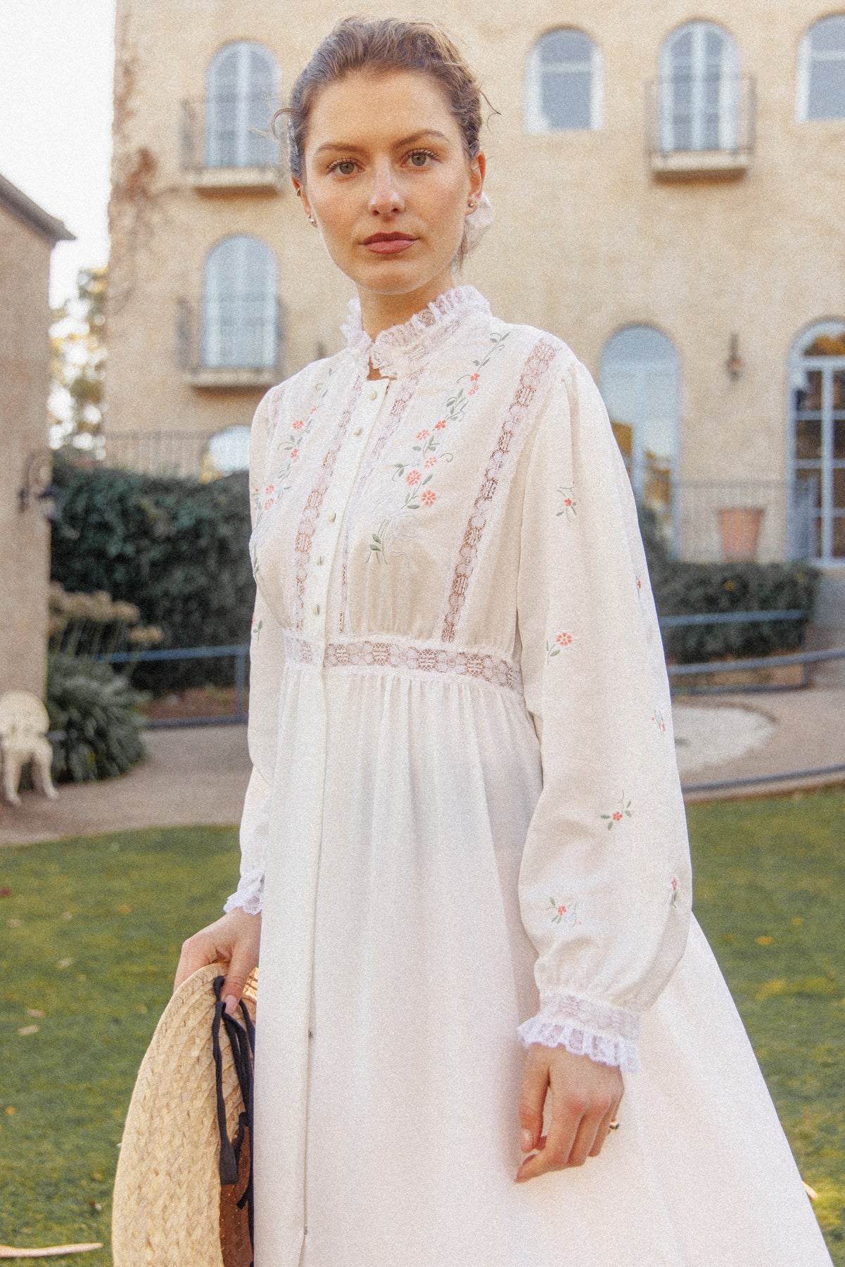VINTAGE 1940's White Button Down Satin Nightgown Maxi Dress/Robe With Flower Embroidery S/M