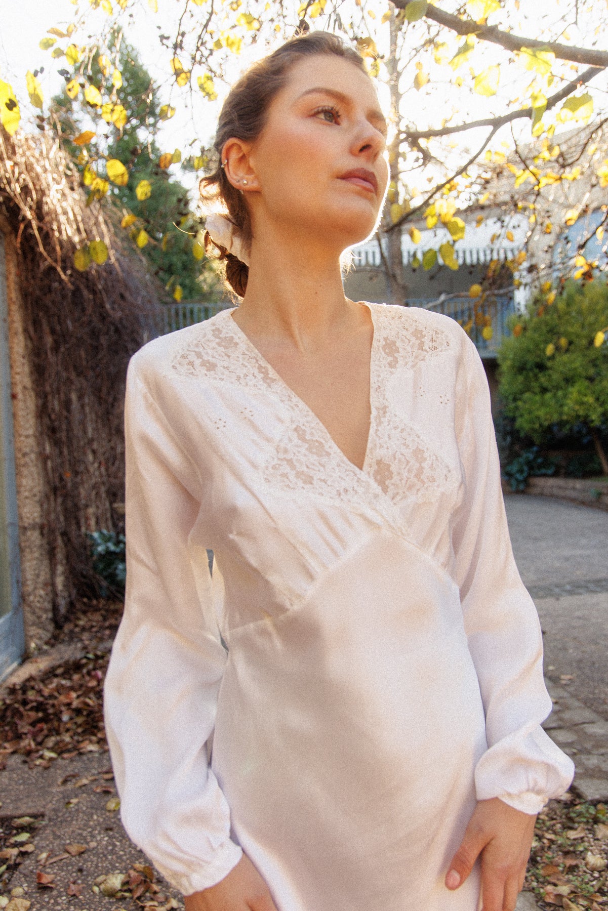 VINTAGE 1940's Ivory Long Sleeve Bias Cut Nightgown S/M
