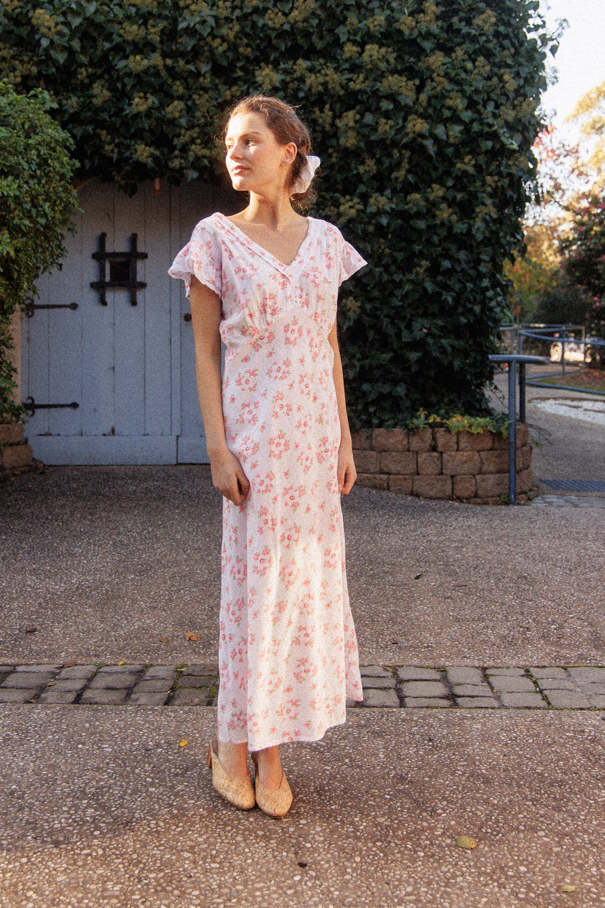 VINTAGE 1930's Floral Seersucker Cotton Cap Sleep Nightgown Maxi Dress M/L