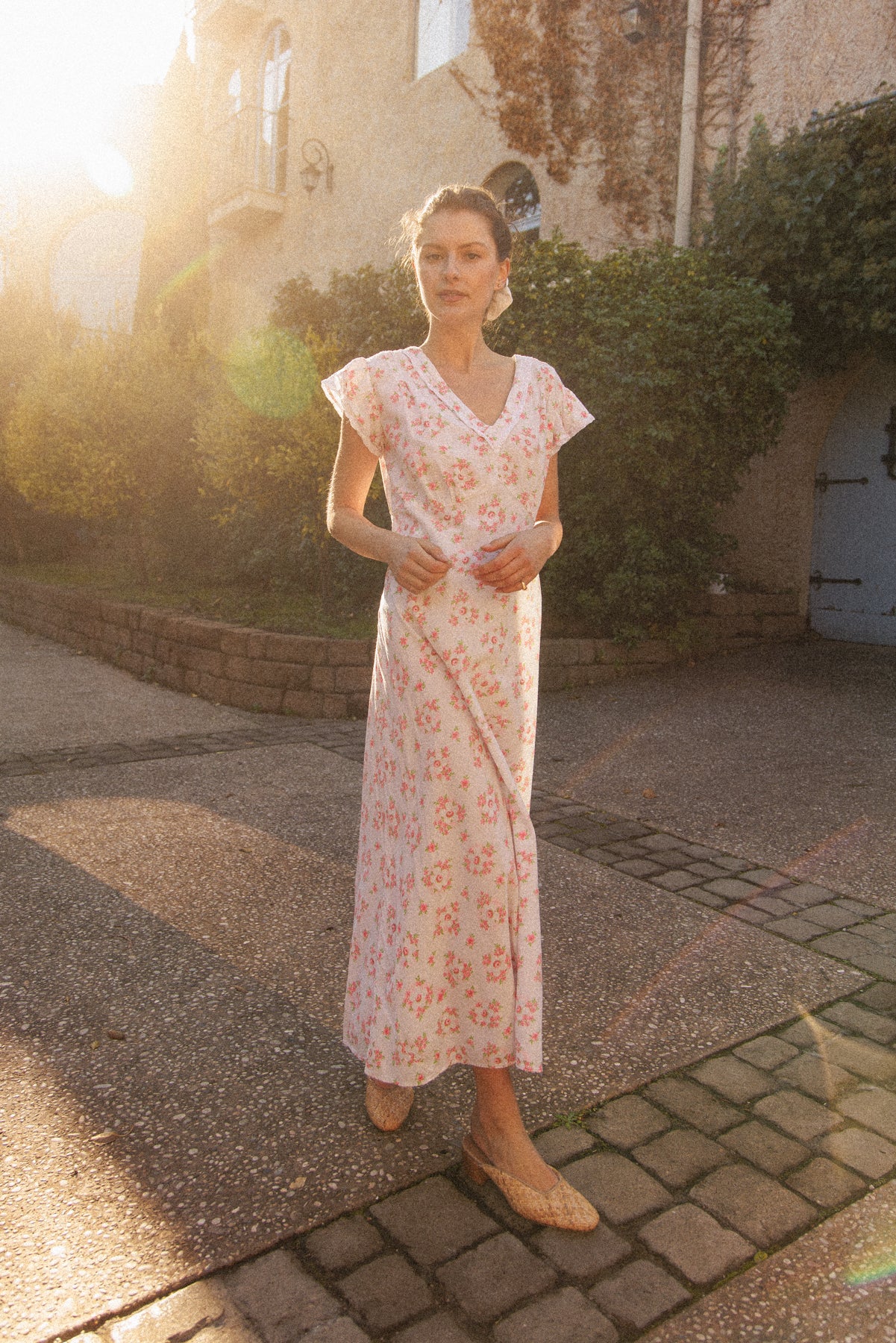 VINTAGE 1930's Floral Seersucker Cotton Cap Sleep Nightgown Maxi Dress M/L