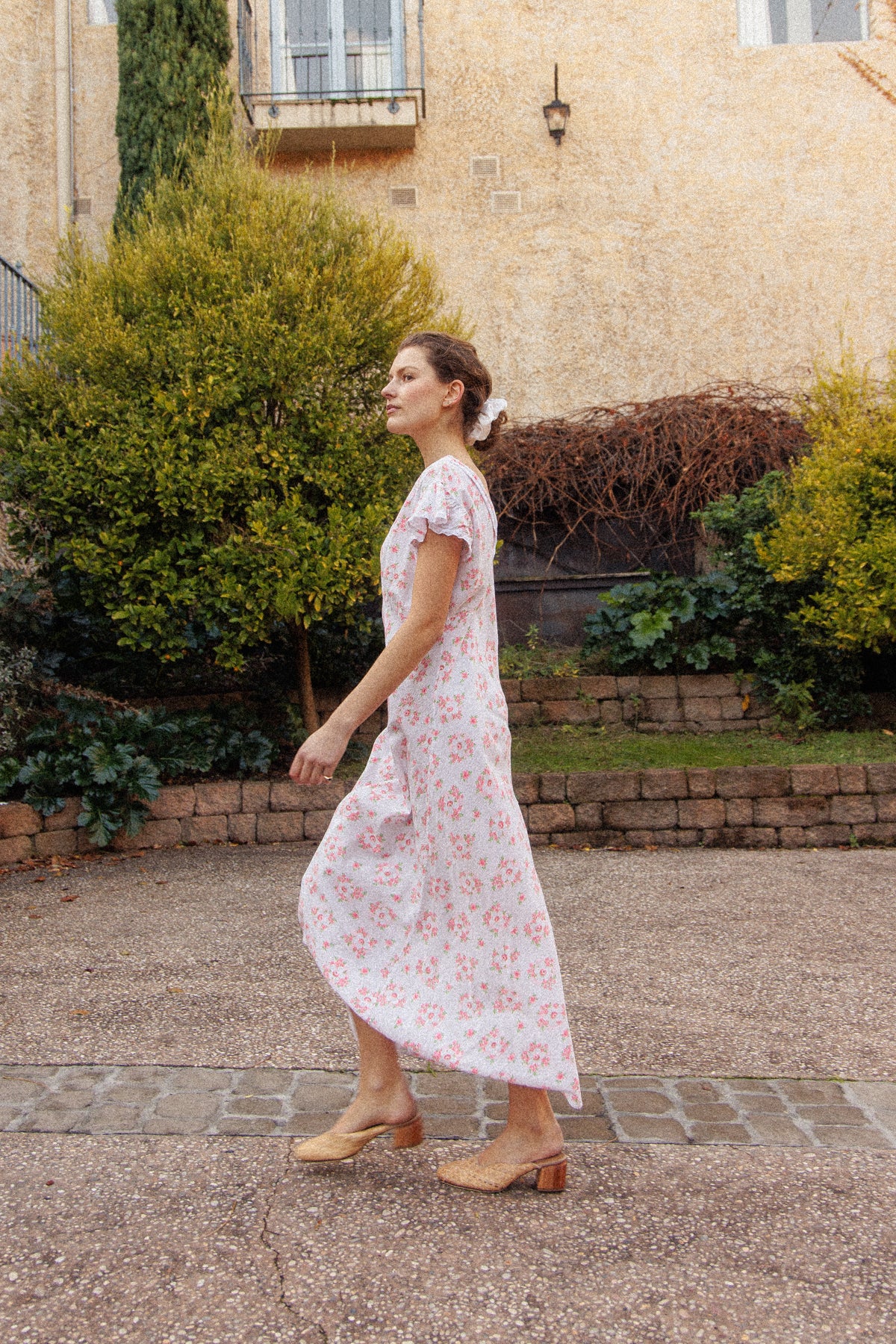 VINTAGE 1930's Floral Seersucker Cotton Cap Sleep Nightgown Maxi Dress M/L