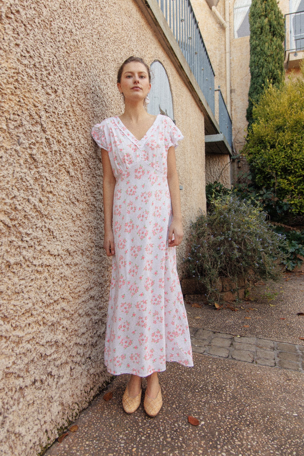 VINTAGE 1930's Floral Seersucker Cotton Cap Sleep Nightgown Maxi Dress M/L