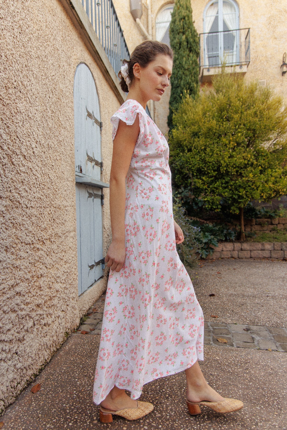 VINTAGE 1930's Floral Seersucker Cotton Cap Sleep Nightgown Maxi Dress M/L